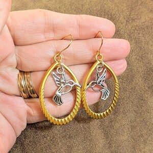 Hummingbird Two-Tone Hook Earrings, Gold - - LadybugfeetDesigns -