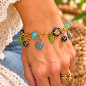 Botanical Blue Crystal Bead Bracelet, Gold - - LadybugfeetDesigns -