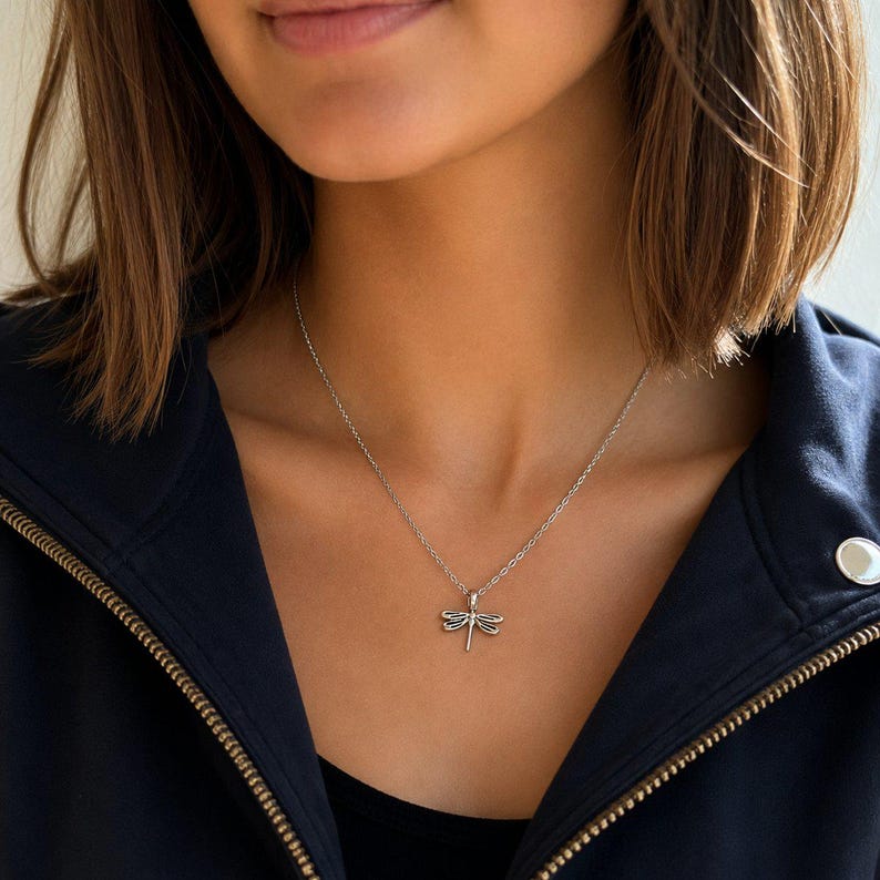 Dragonfly Necklace, Silver - 20 inch - - LadybugfeetDesigns -