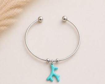 Aqua Blue Coral Euro Bangle Cuff, Silver