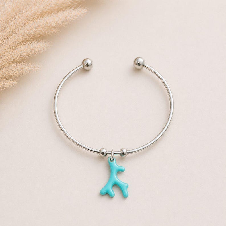 Aqua Blue Coral Euro Bangle Cuff, Silver - - LadybugfeetDesigns -