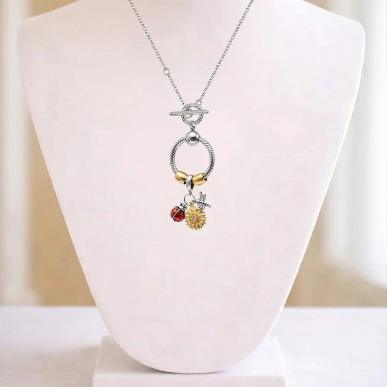 Garden Party Sterling Silver Toggle Charm Necklace, 20 inches - - LadybugfeetDesigns -
