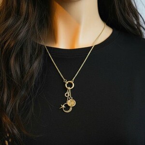 Crescent Moon Star Charm Keeper Necklace, Gold - 18 - 24 inches - - LadybugfeetDesigns -