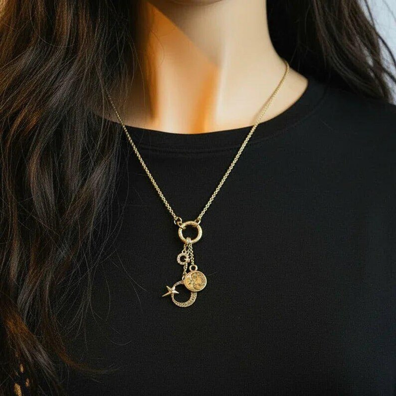Crescent Moon Star Charm Keeper Necklace, Gold - 18 - 24 inches - - LadybugfeetDesigns -