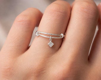 Tiny CZ Diamond Adjustable Charm Ring, Silver