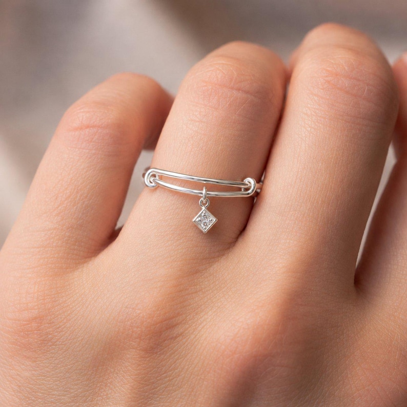 Tiny CZ Diamond Adjustable Charm Ring, Silver - - LadybugfeetDesigns -