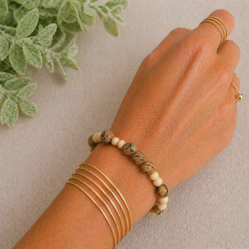 Cream Lava and Wood Bead Unisex Stretch bracelet - - LadybugfeetDesigns -