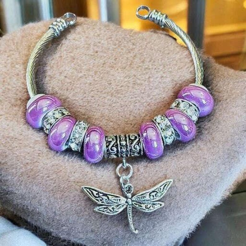 Lavender Beaded Dragonfly Euro Cuff Bangle, European Charm Bracelet - - LadybugfeetDesigns -