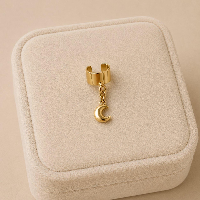 Puffy Crescent Moon Ear Cuff, Gold - - LadybugfeetDesigns -