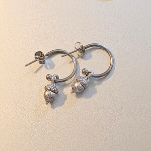 Acorn Hoop Earrings, Silver - 16mm - - LadybugfeetDesigns -