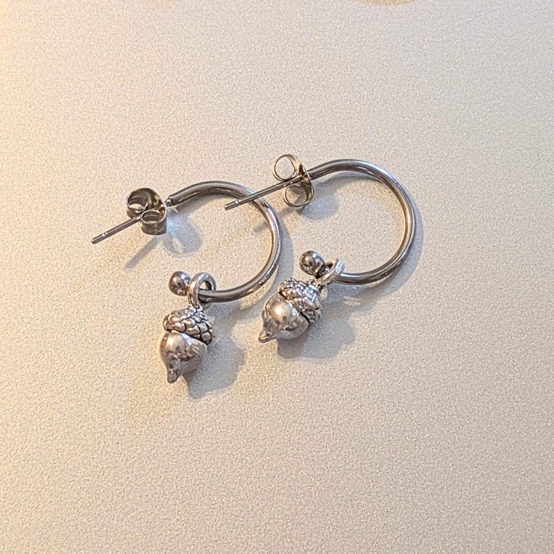 Acorn Hoop Earrings, Silver - 16mm - - LadybugfeetDesigns -
