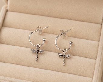 Tiny Dragonfly Mini Hoop Huggie Earrings, Silver- 12mm