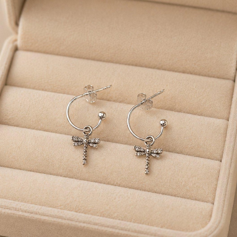 Tiny Dragonfly Mini Hoop Huggie Earrings, Silver- 12mm - - LadybugfeetDesigns -