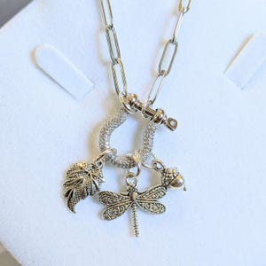 Forest Friends Dragonfly Shackle Clasp Carabiner Necklace, Silver - Adjusts up to 20 inches - - LadybugfeetDesigns -