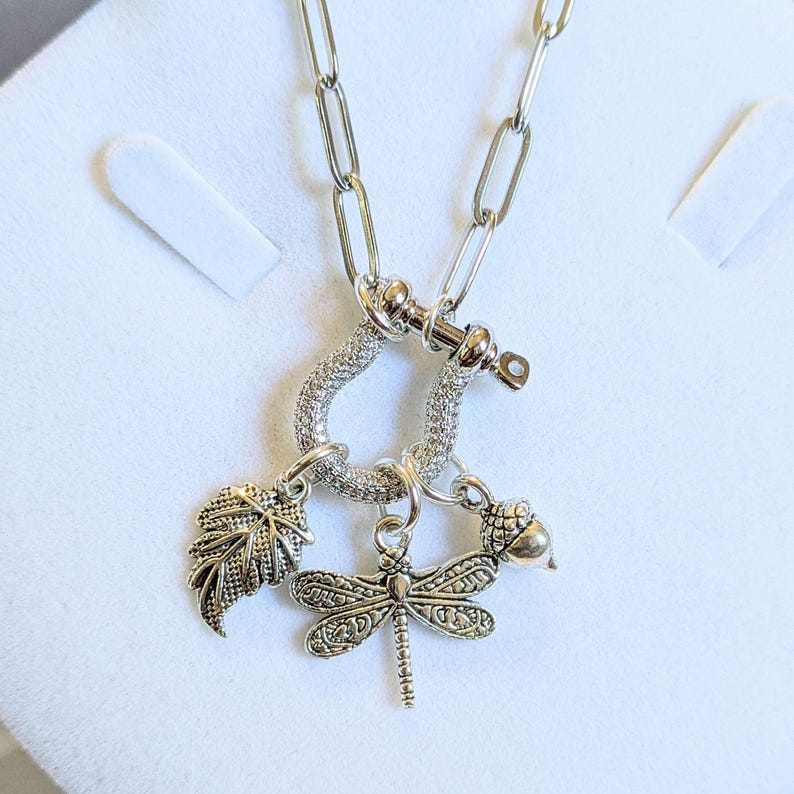 Forest Friends Dragonfly Shackle Clasp Carabiner Necklace, Silver - Adjusts up to 20 inches - - LadybugfeetDesigns -