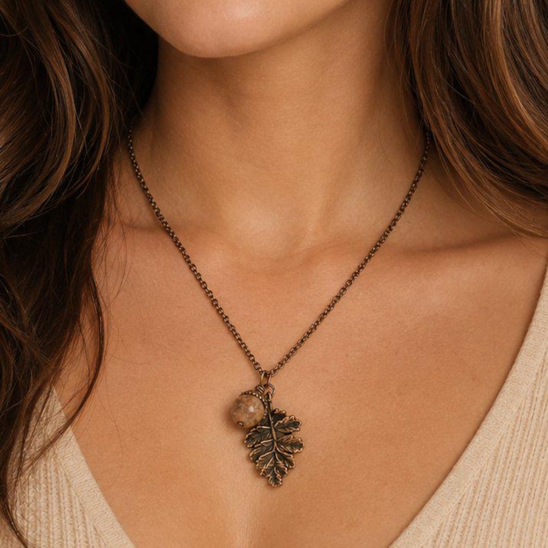 Acorn Oak Leaf Necklace, Antique Copper - - LadybugfeetDesigns -