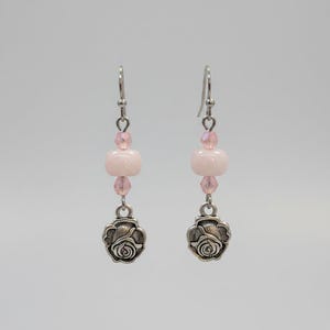 Rose Opal Crystal Hook Earrings, Silver - - LadybugfeetDesigns -