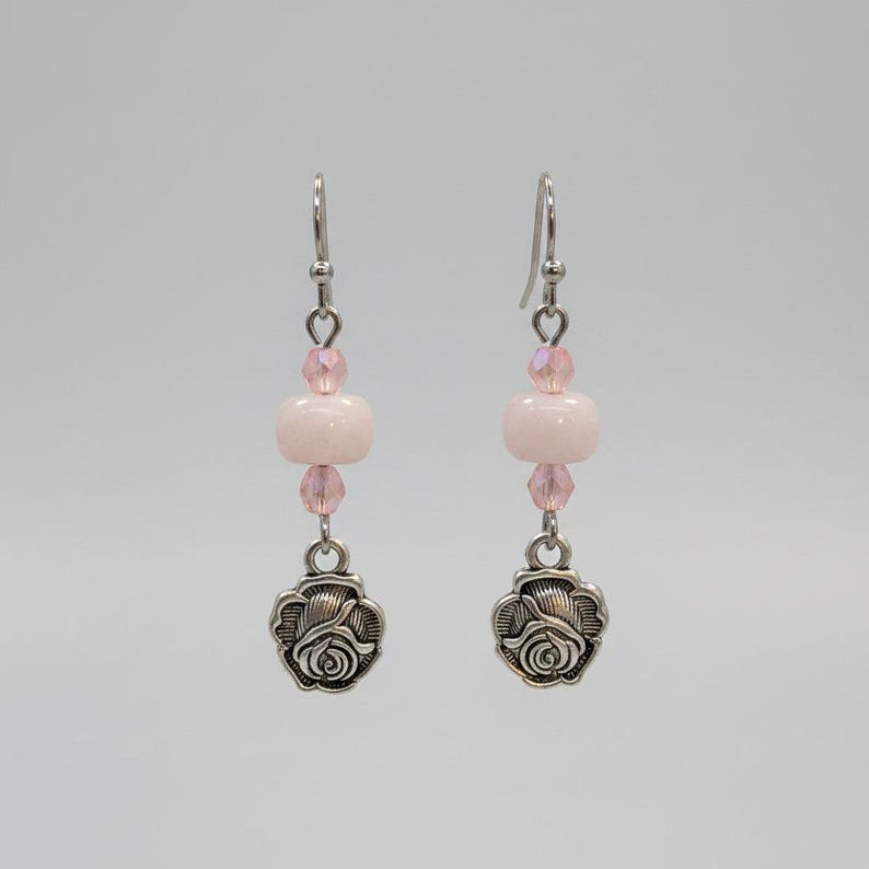 Rose Opal Crystal Hook Earrings, Silver - - LadybugfeetDesigns -