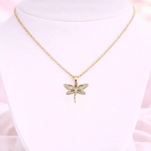 Dragonfly necklace, Gold - 20 inch - - LadybugfeetDesigns -