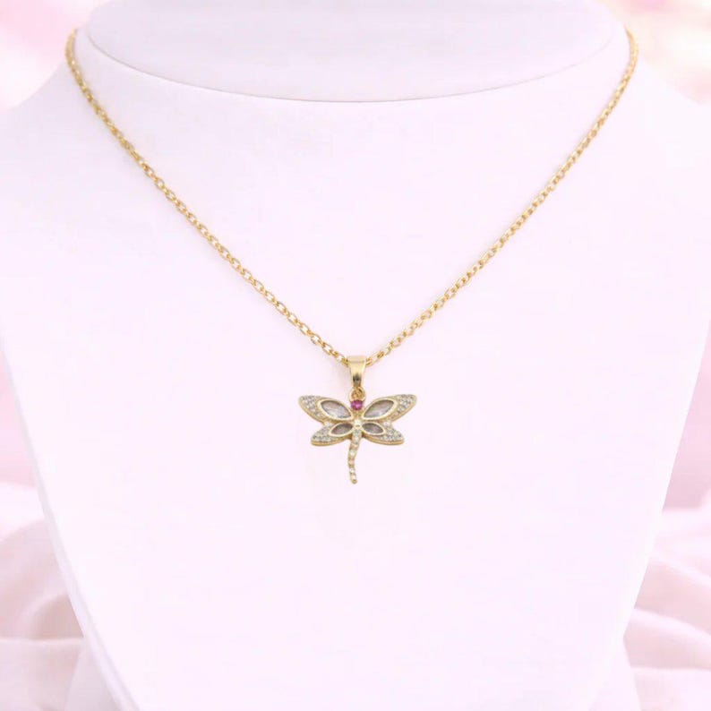 Dragonfly necklace, Gold - 20 inch - - LadybugfeetDesigns -