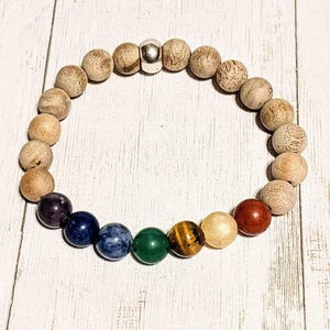 Sandalwood Chakra Bead Diffuser Bracelet, Energy & Balance - - LadybugfeetDesigns -