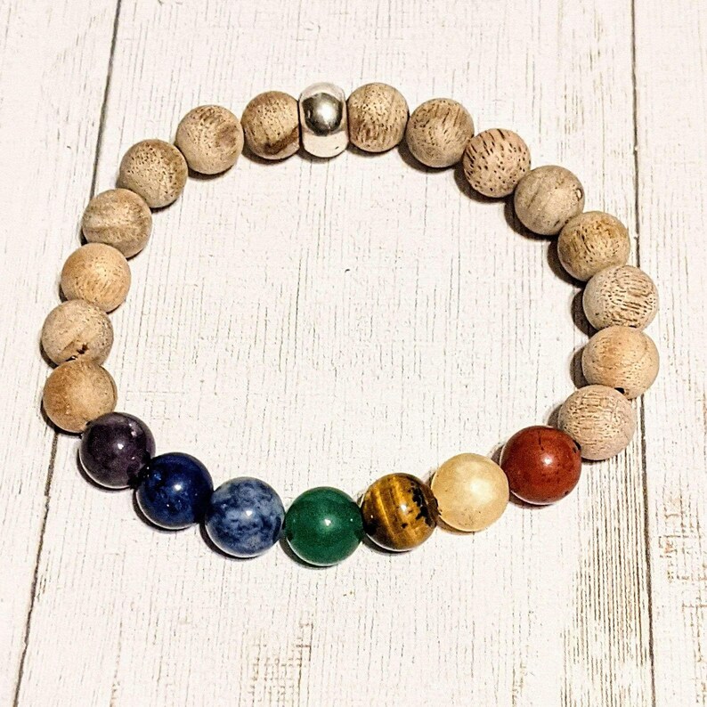 Sandalwood Chakra Bead Diffuser Bracelet, Energy & Balance - - LadybugfeetDesigns -