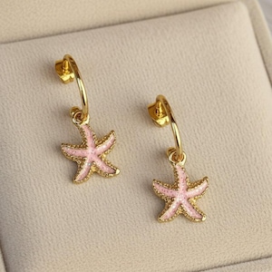 Pink Starfish Gold Hoop earrings, Hoop Drop