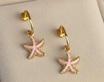 Pink Starfish Gold Hoop earrings, Hoop Drop