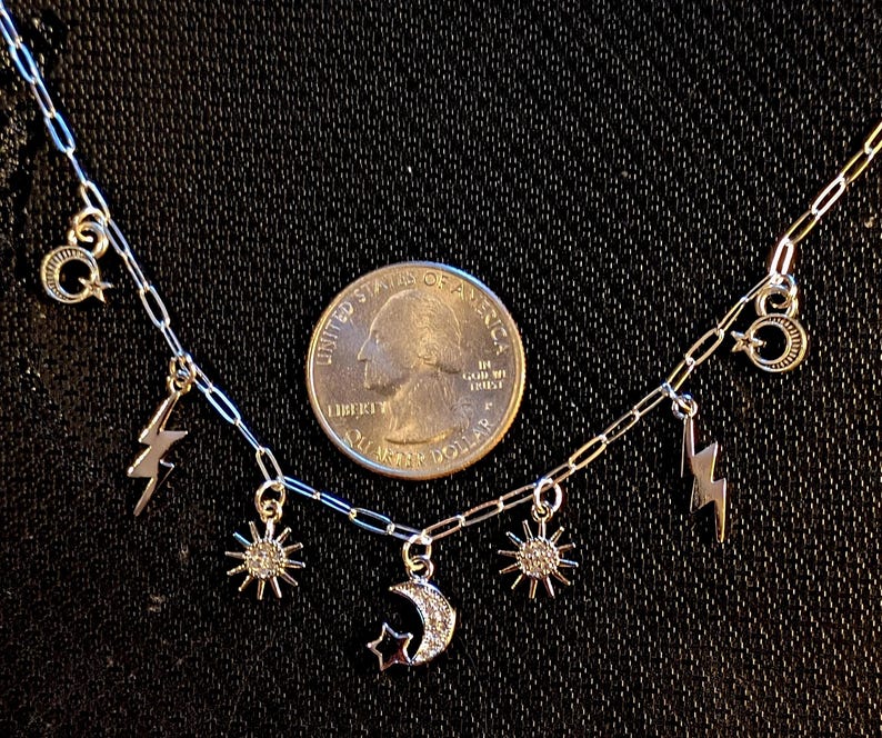 Celestial Multi Charm Link Necklace, .925 Sterling Silver - 20 inch - - LadybugfeetDesigns -