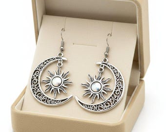 Large Filigree Crescent Moon Sun Hook Earrings, Silver