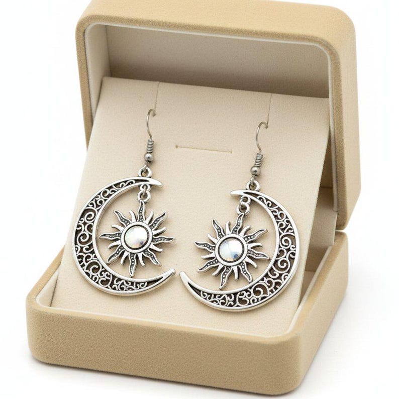 Large Filigree Crescent Moon Sun Hook Earrings, Silver - - LadybugfeetDesigns -