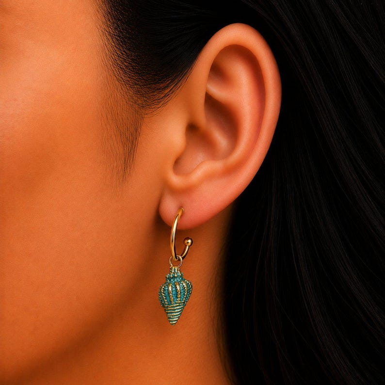 Sea Blue Conch Seashell gold hoop earrings, Hoop Drop, 16mm - - LadybugfeetDesigns -