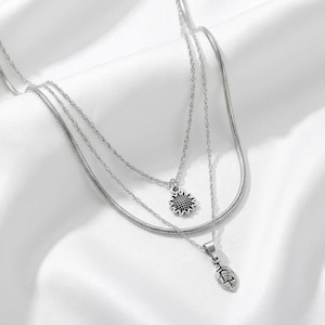 Sunflower Initial Leaf Layered Necklace Set, Silver - - LadybugfeetDesigns -