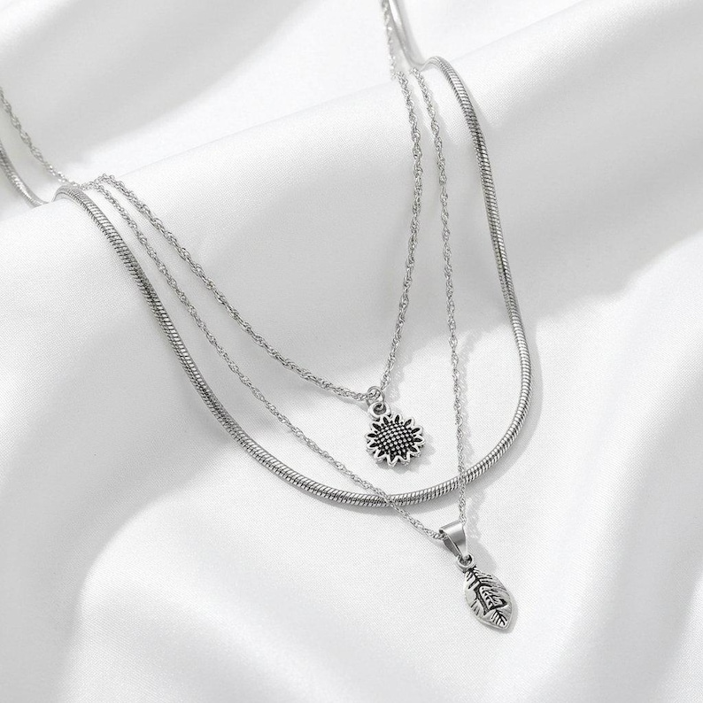 Sunflower Initial Leaf Layered Necklace Set, Silver - - LadybugfeetDesigns -