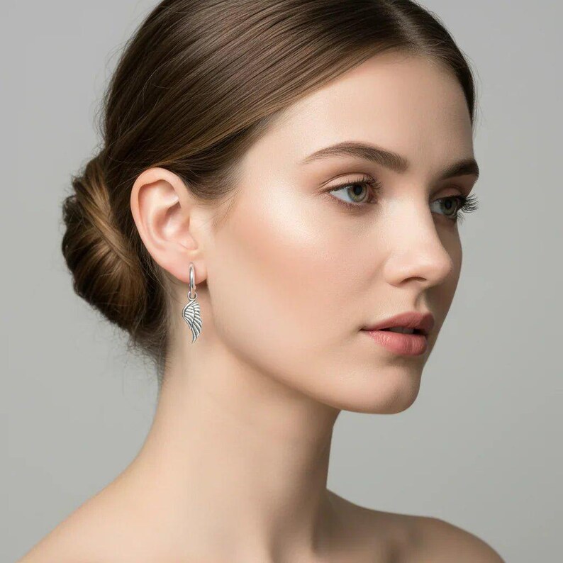 ANGEL Wing Sterling Hoop Earrings, Hoop Drop - - LadybugfeetDesigns -