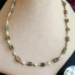 Labradorite Oval Bead and Pearl Necklace, 20 inch - - LadybugfeetDesigns -