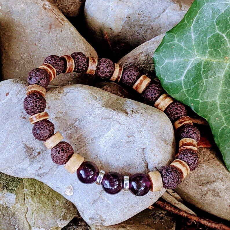 Dark Amethyst Gemstone Lava Bead Stretch bracelet-FEBRUARY Birthstone - - LadybugfeetDesigns -