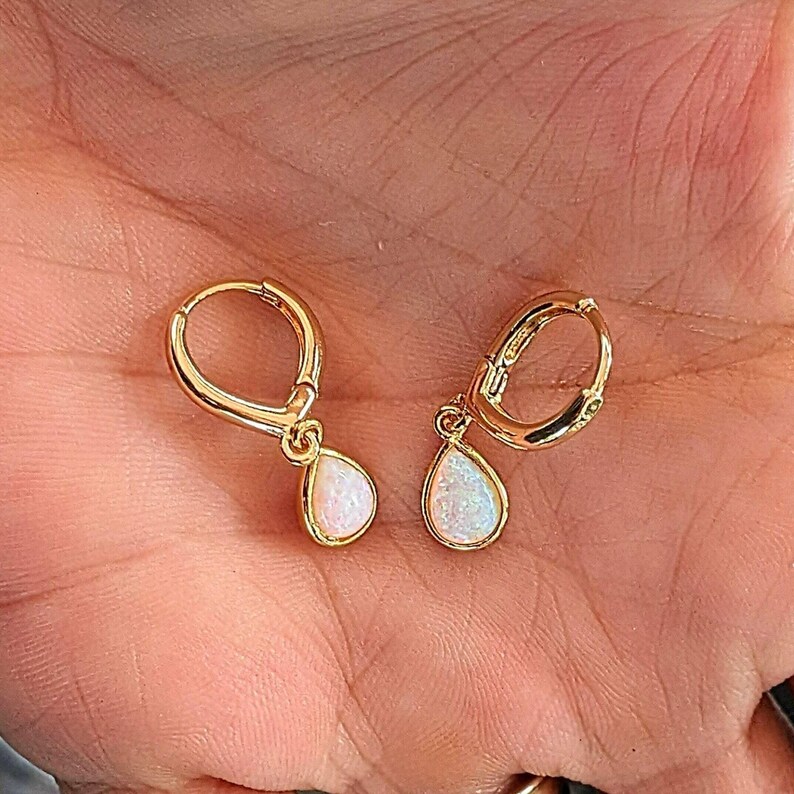 Opal Huggie Hoop earrings, 15mm Hoop Drop, Silver/Gold - - LadybugfeetDesigns -