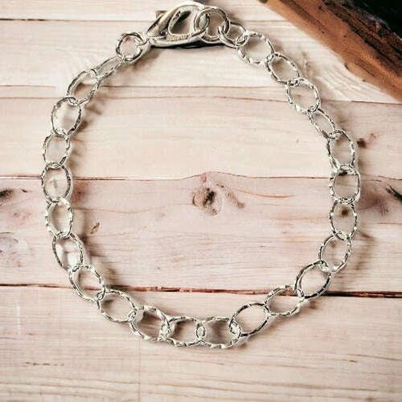 925 Sterling Silver Hammered Oval Link Charm Bracelet Base - D.i.y. - Build Your Charm Bracelet! - - LadybugfeetDesigns -