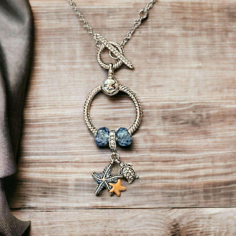 Sea Life Sterling Silver Toggle Charm Necklace, 20 inches - - LadybugfeetDesigns -