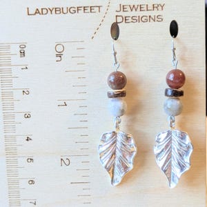 Large Leaf Tourmaline Hook Earrings, Silver - - LadybugfeetDesigns -