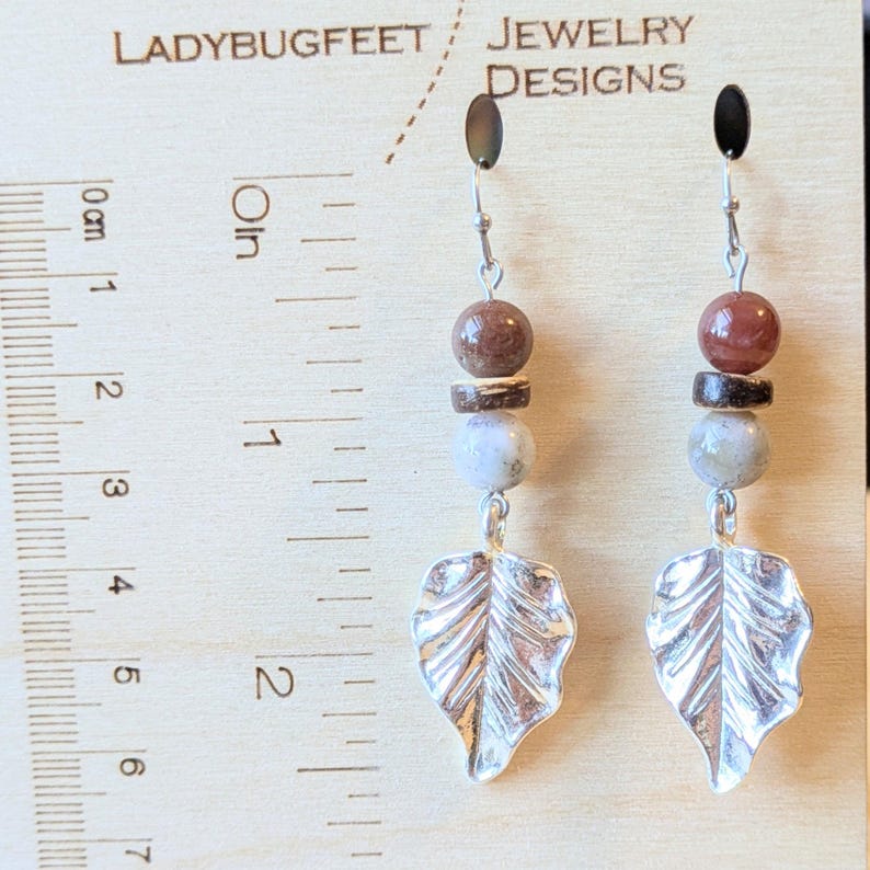 Large Leaf Tourmaline Hook Earrings, Silver - - LadybugfeetDesigns -