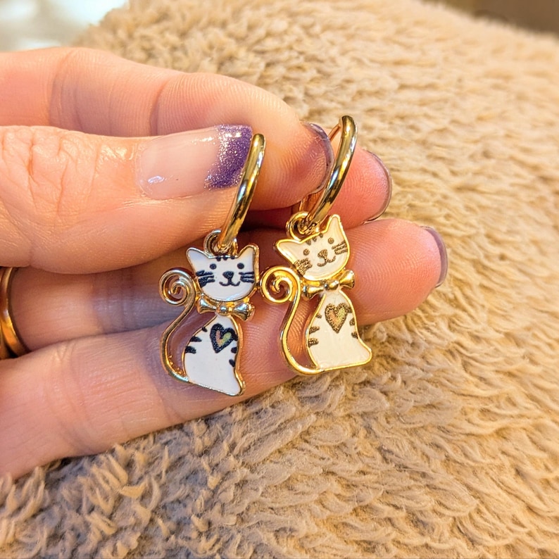 Kitty Cat Hoop earrings, Gold - 12mm - - LadybugfeetDesigns -