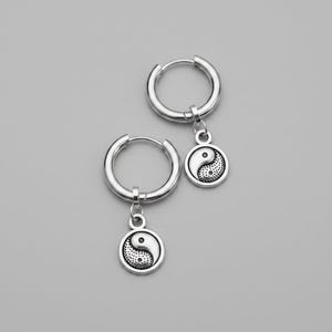 Yin Yang Huggie Hoop earrings, Silver - 12mm - - LadybugfeetDesigns -