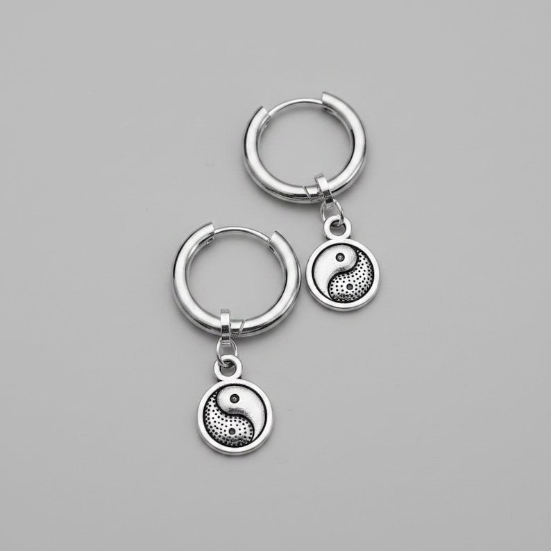 Yin Yang Huggie Hoop earrings, Silver - 12mm - - LadybugfeetDesigns -