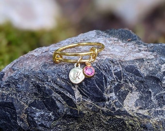 Gold Expandable Initial & Birthstone Charm Ring,Gift for her