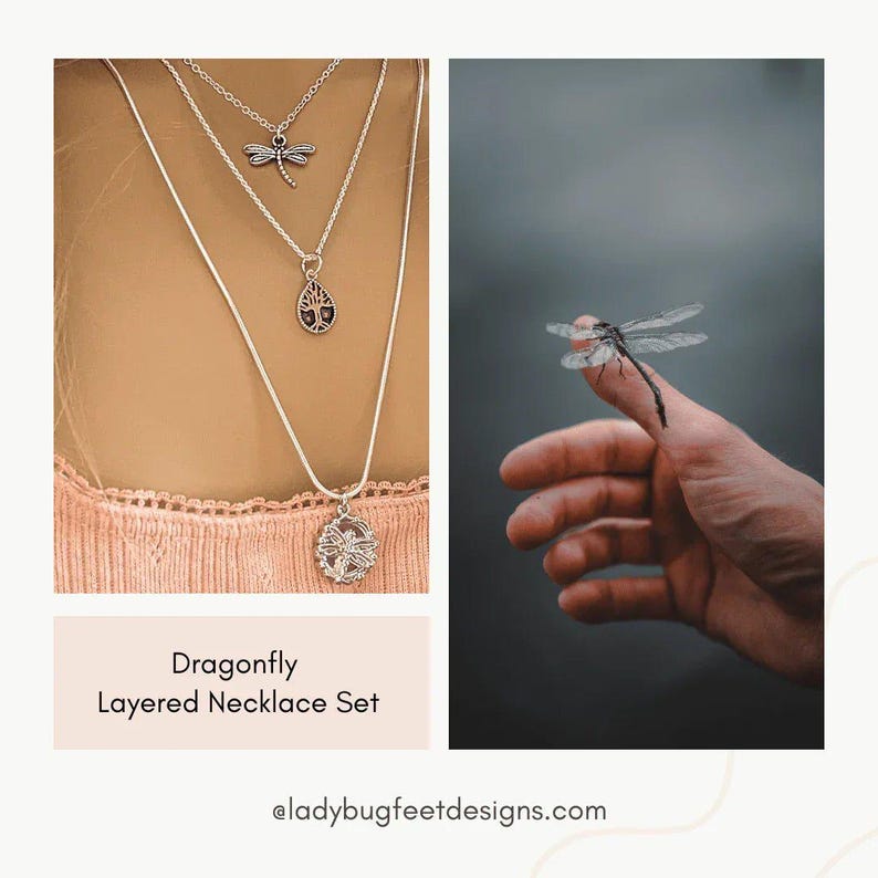Dragonfly Layered Necklace Set, Silver - - LadybugfeetDesigns -