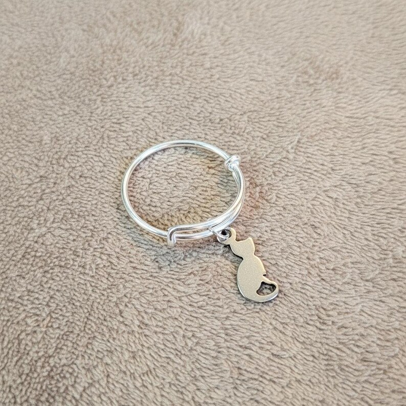 Kitten Adjustable Charm Ring, Silver - - LadybugfeetDesigns -
