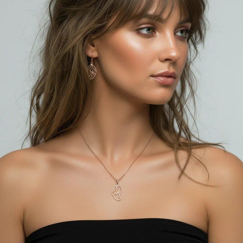 Butterfly/Fairy Wing Rose Gold necklace/earrings set, 18 inch - - LadybugfeetDesigns -