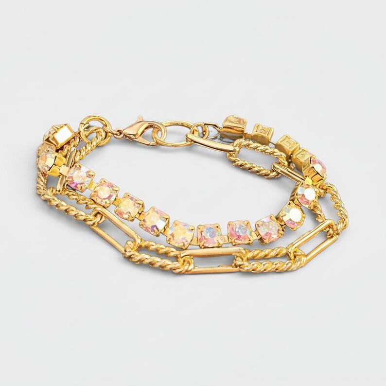 Gold Paperclip Layered Faceted Crystal Bracelet - - LadybugfeetDesigns -